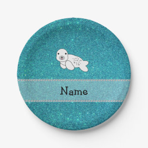 Personalized name seal turquoise glitter paper plate