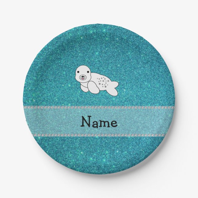 Personalized name seal turquoise glitter paper plate (Front)