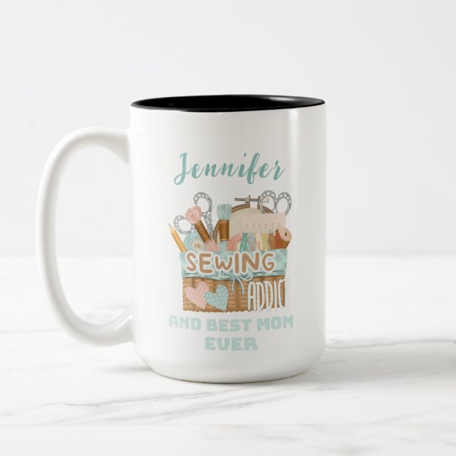 Personalized Name Seamstress Sewing Addict Mom Two-Tone Coffee Mug (Left)