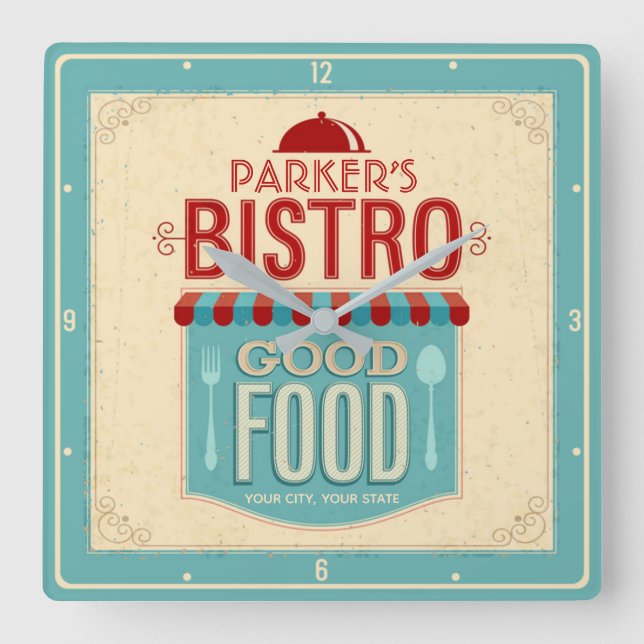 Personalized NAME Shabby Chic French Bistro Cafe Square Wall Clock (Front)