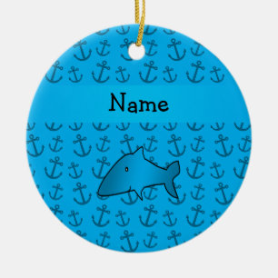 Personalized name shark blue anchors pattern ceramic ornament