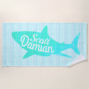 Personalized Name Shark Waves Custom Colours Beach Towel