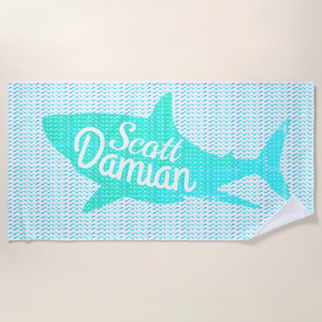 Personalized Name Shark Waves Custom Colours Beach Towel (Front)