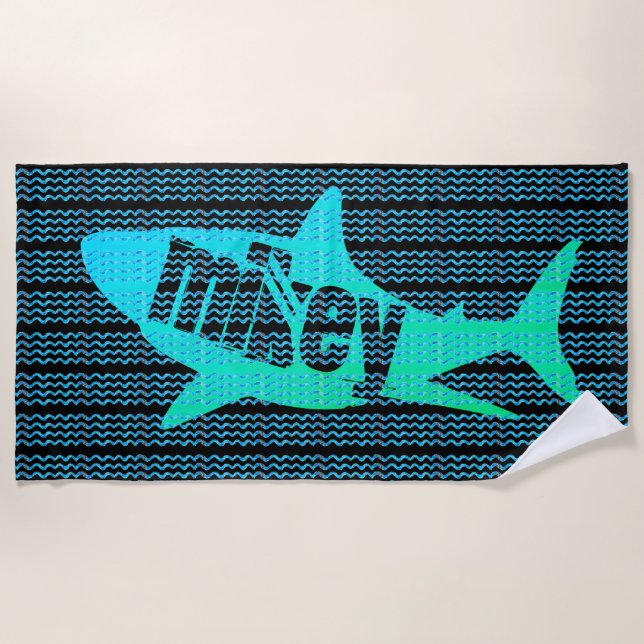 Personalized Name Shark Waves Custom Colours Beach Towel (Front)