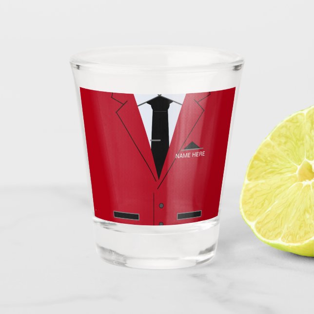 Personalized Name Shot Glass with Red Suit and Tie (Front)
