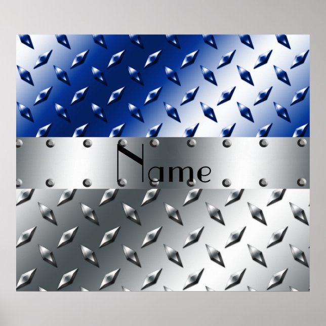 Personalized name silver blue diamond steel plate poster (Front)