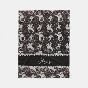 Personalized name silver dragons black glitter fleece blanket