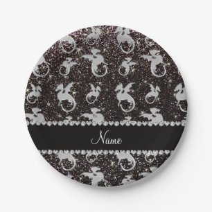Personalized name silver dragons black glitter paper plate