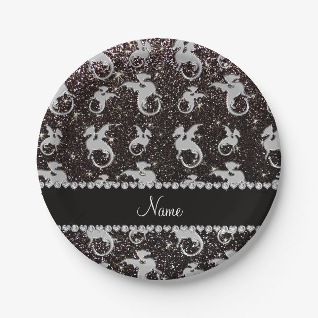 Personalized name silver dragons black glitter paper plate (Front)