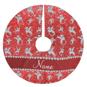 Personalized name silver dragons neon red glitter brushed polyester tree skirt