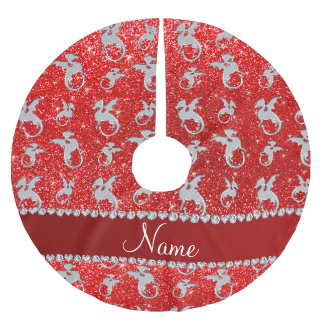 Personalized name silver dragons neon red glitter brushed polyester tree skirt (Front)