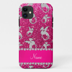 Personalized name silver dragons pink glitter iPhone 11 case