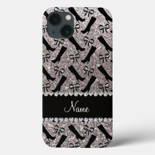 Personalized name silver glitter boots bows iPhone 13 case