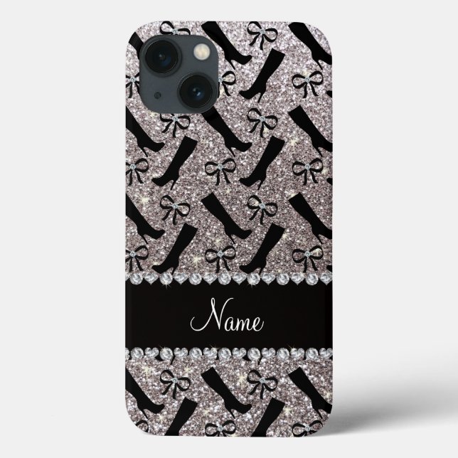 Personalized name silver glitter boots bows Case-Mate iPhone case (Back)