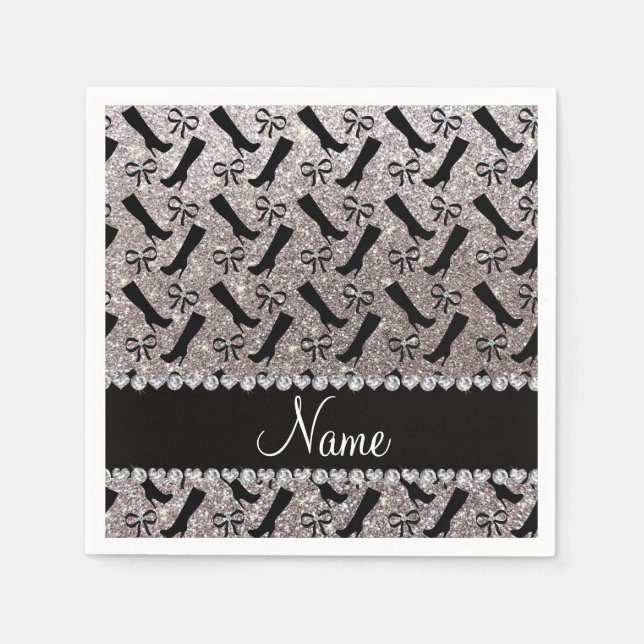 Personalized name silver glitter boots bows napkin (Front)