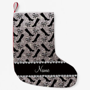 Personalized name silver glitter boots bows small christmas stocking