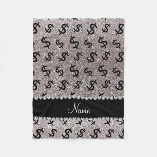 Personalized name silver glitter dollar signs fleece blanket