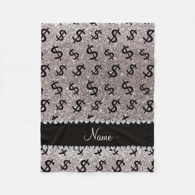 Personalized name silver glitter dollar signs fleece blanket (Front)