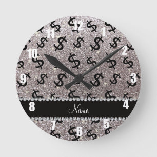 Personalized name silver glitter dollar signs round clock