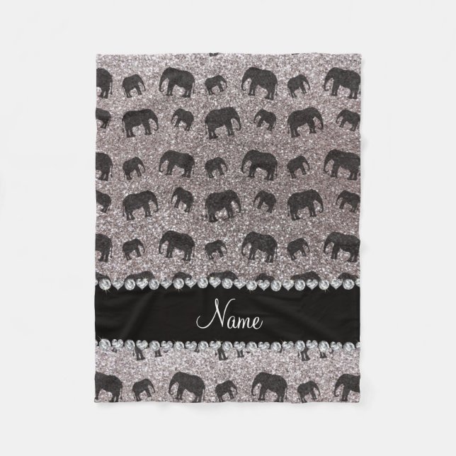 Personalized name silver glitter elephants fleece blanket (Front)