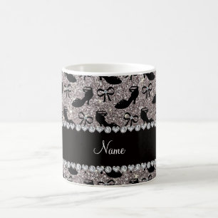 Personalized name silver glitter fancy shoes bows coffee mug