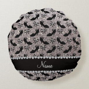 Personalized name silver glitter fancy shoes bows round pillow
