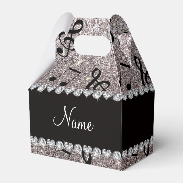 Personalized name silver glitter music notes favor box (Front Side)