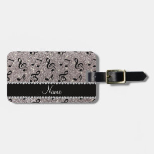 Personalized name silver glitter music notes luggage tag
