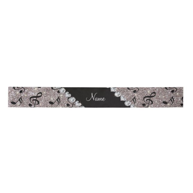 Personalized name silver glitter music notes satin ribbon (Front)
