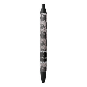 Personalized name silver glitter owls black ink pen