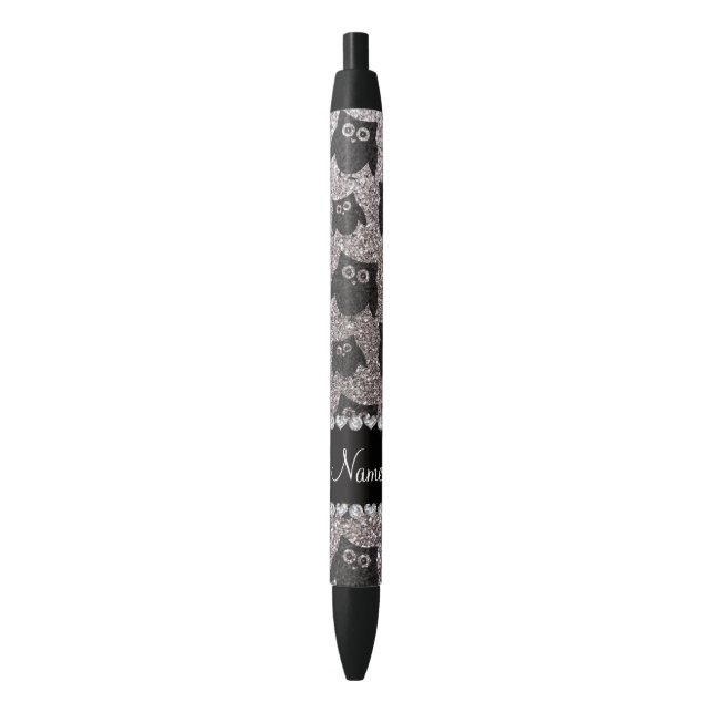 Personalized name silver glitter owls black ink pen (Front Vertical)