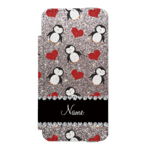 Personalized name silver glitter penguins hearts incipio watson™ iPhone 5 wallet case