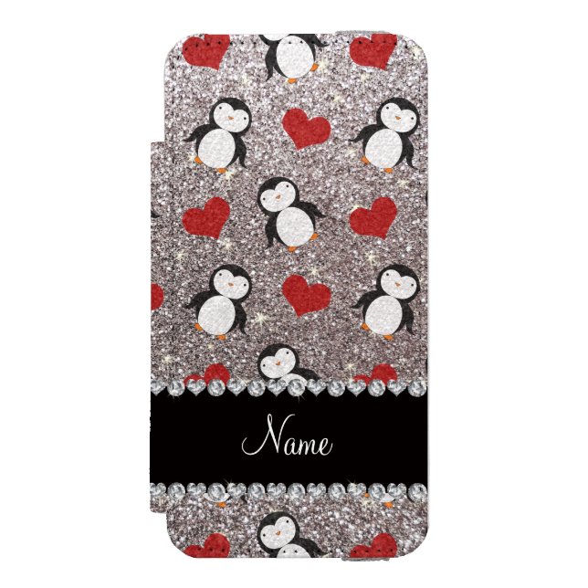 Personalized name silver glitter penguins hearts incipio iPhone wallet case (Folio Front)