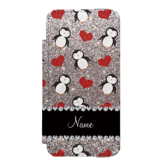 Personalized name silver glitter penguins hearts incipio watson™ iPhone 5 wallet case