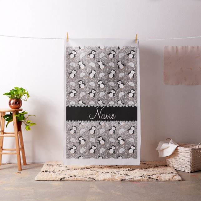 Personalized name silver glitter penguins igloos fabric (In Situ)