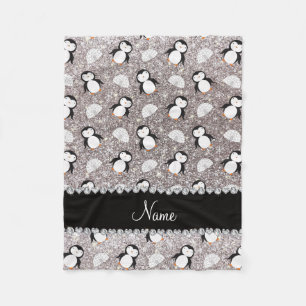 Personalized name silver glitter penguins igloos fleece blanket