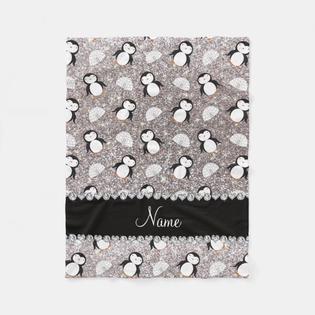 Personalized name silver glitter penguins igloos fleece blanket (Front)