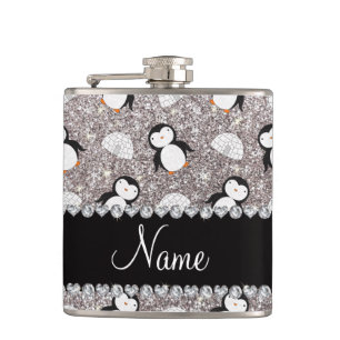 Personalized name silver glitter penguins igloos hip flask