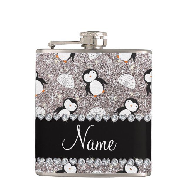 Personalized name silver glitter penguins igloos hip flask (Front)