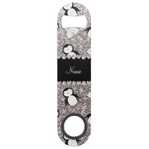 Personalized name silver glitter penguins igloos speed bottle opener