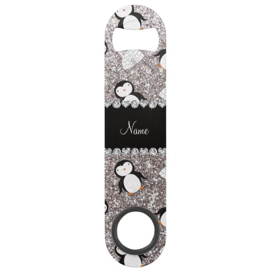 Personalized name silver glitter penguins igloos speed bottle opener
