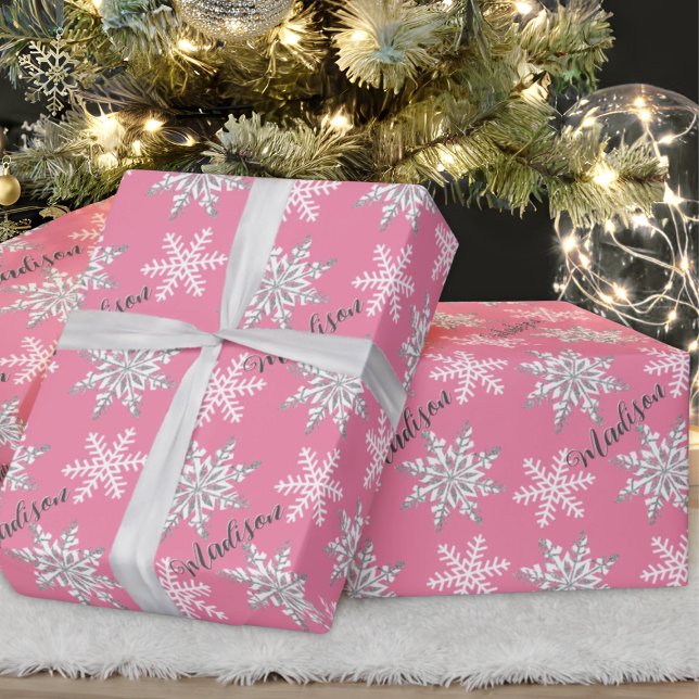 Personalized Name Silver Snowflake Pink Gift Wrapping Paper (Creator Uploaded)