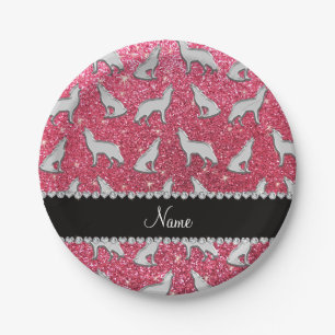 Personalized name silver wolf fuchsia pink glitter paper plate