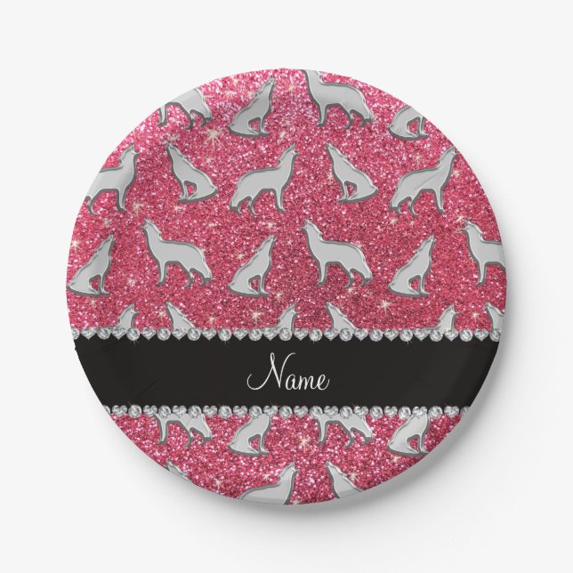 Personalized name silver wolf fuchsia pink glitter paper plate (Front)