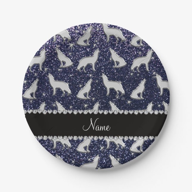 Personalized name silver wolf navy blue glitter paper plate (Front)