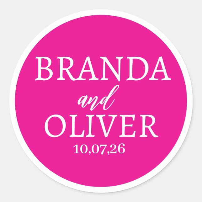 Personalized Name Simple Cute Hot Pink  Wedding Classic Round Sticker (Front)