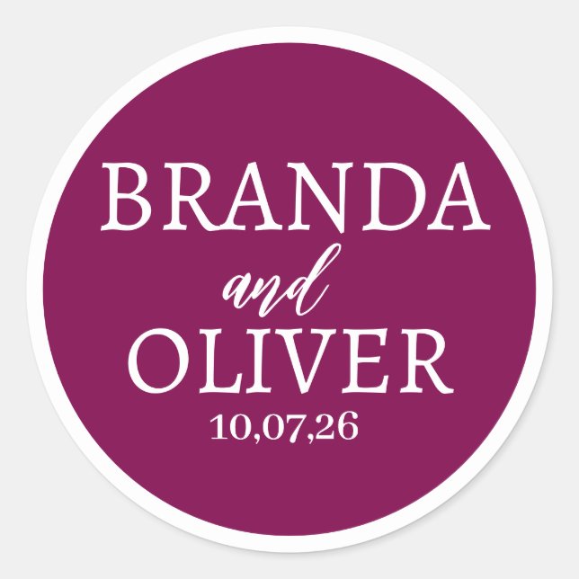 Personalized Name Simple Cute Wine Colour Wedding Classic Round Sticker (Front)