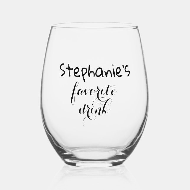 Personalized Name Simple Favourite Drink Chic Stemless Wine Glass (Front)