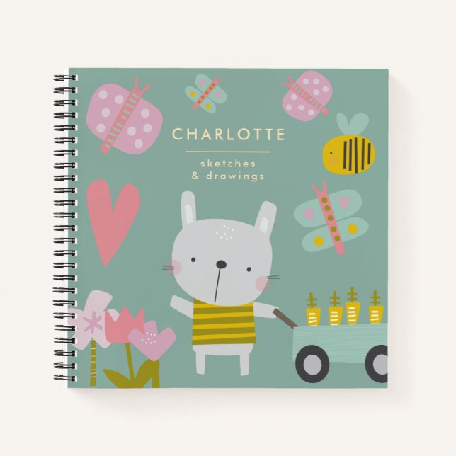 Personalized Name Sketchbook Playful Floral Bunny Notebook (Front)