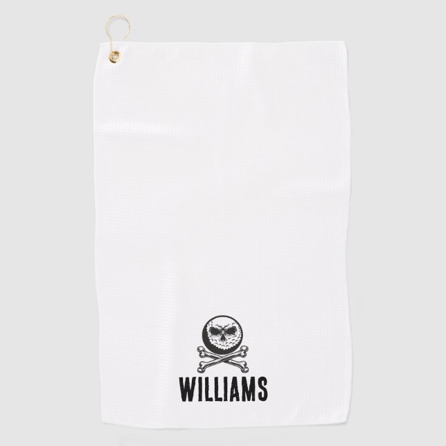Personalized Name Skull Golf Ball And Crossbones Golf Towel (Front)